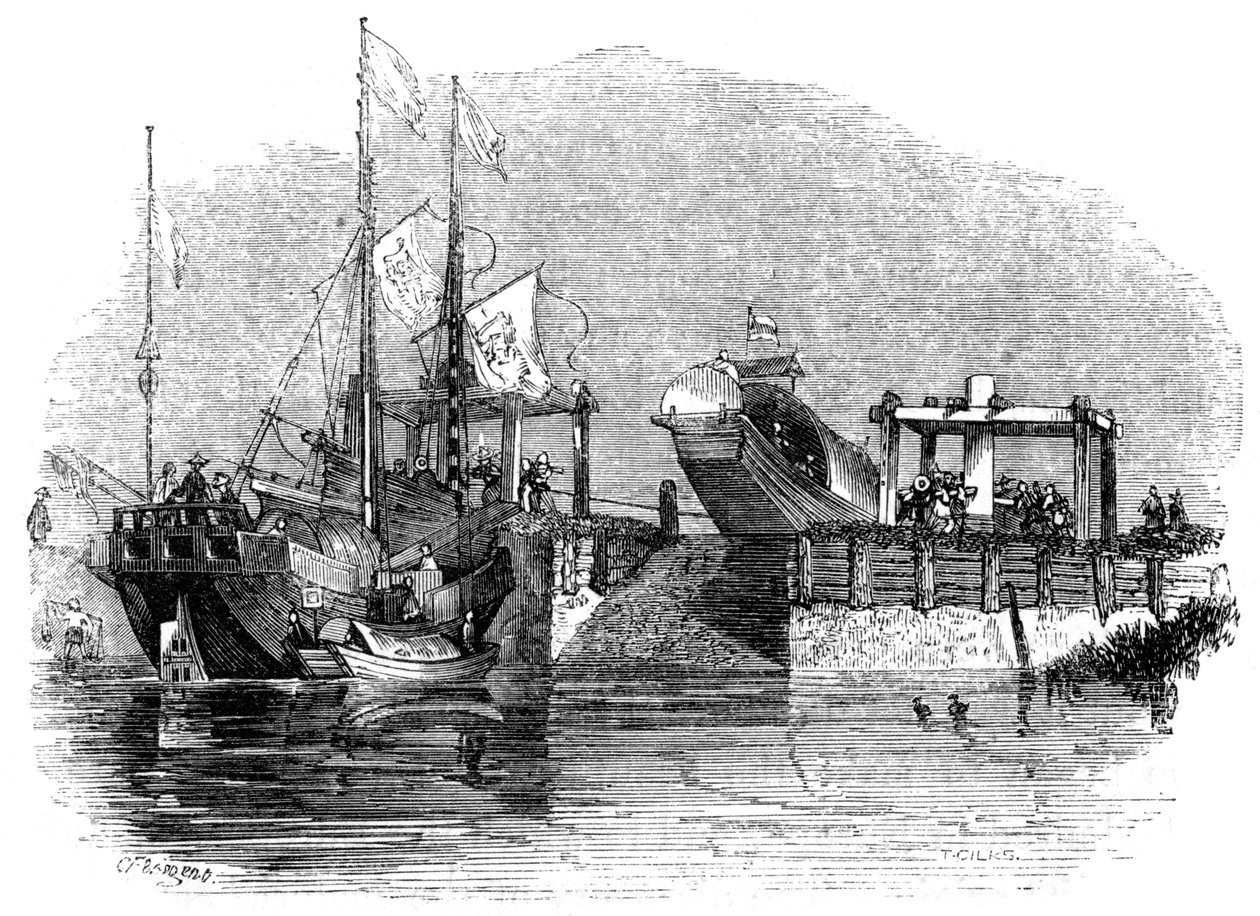 水門または運河の水門の上に引かれたボート、1847年 作： ジャイルズ