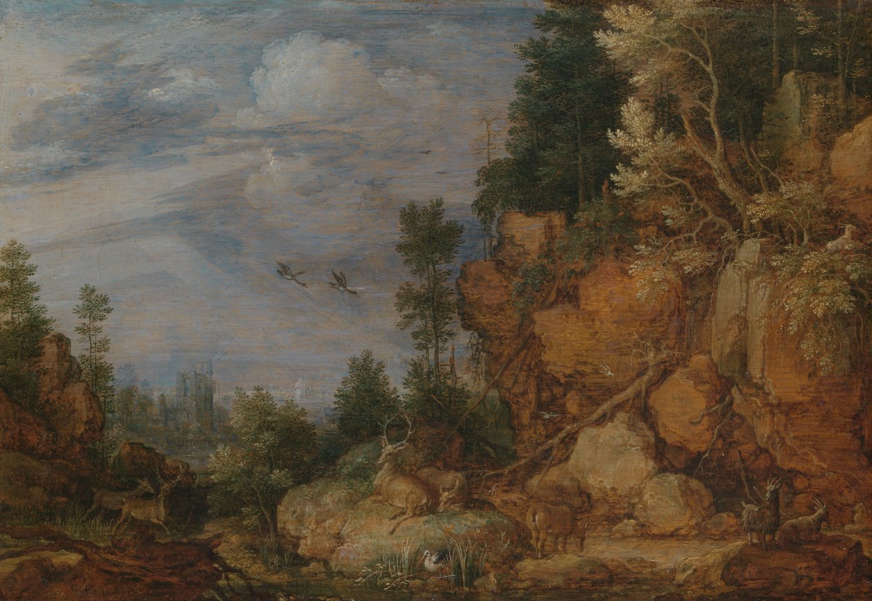 鹿とヤギのいる岩の多い風景 作： Gillis Claesz de Hondecoeter