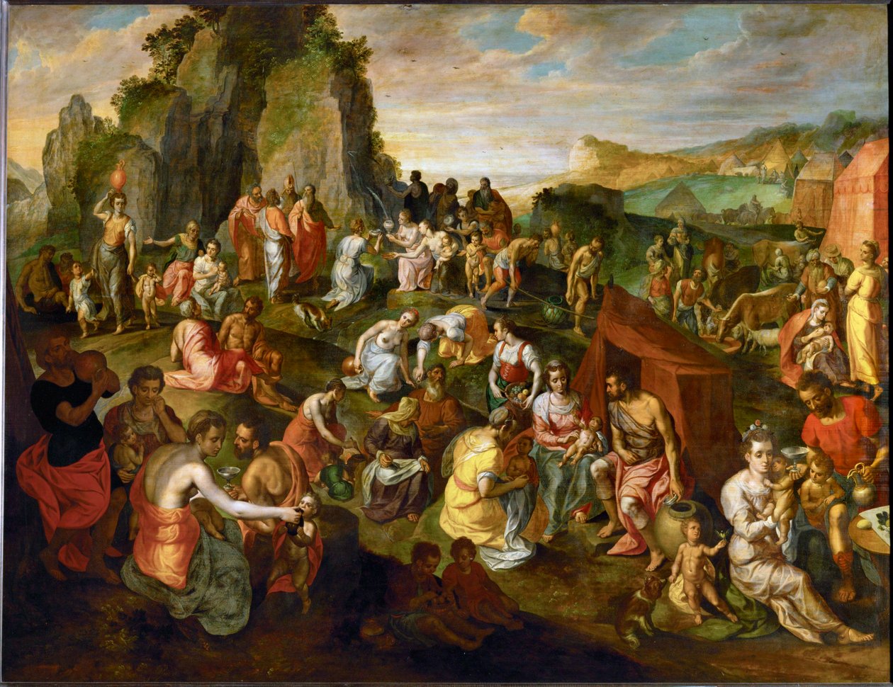 モーセが岩から水を汲む（オーク材に描かれた絵） 作： ギリス・モスタート