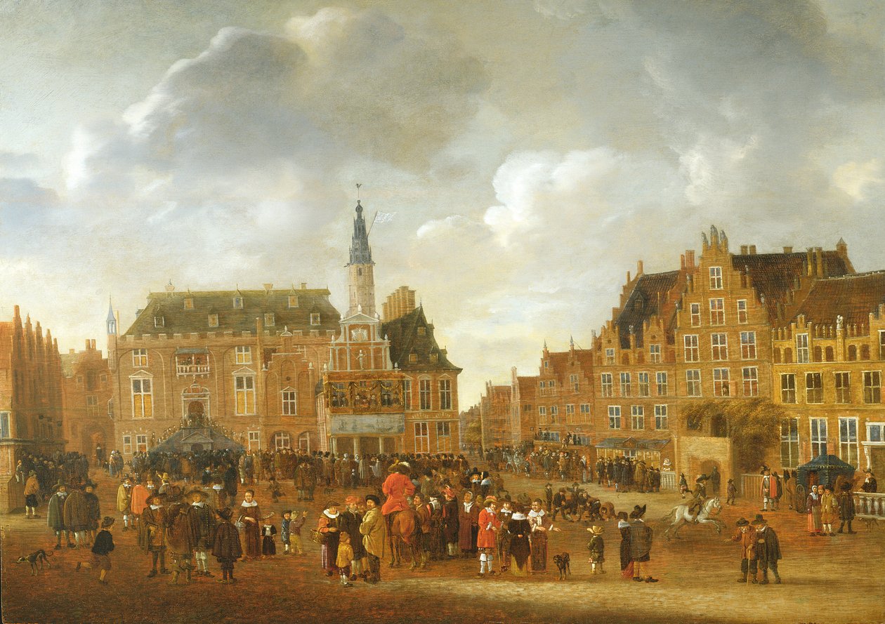 ハールレムの市庁舎のバルコニーからの1648年のミュンスター平和条約の発表 作： ギリス・ロンボウツ