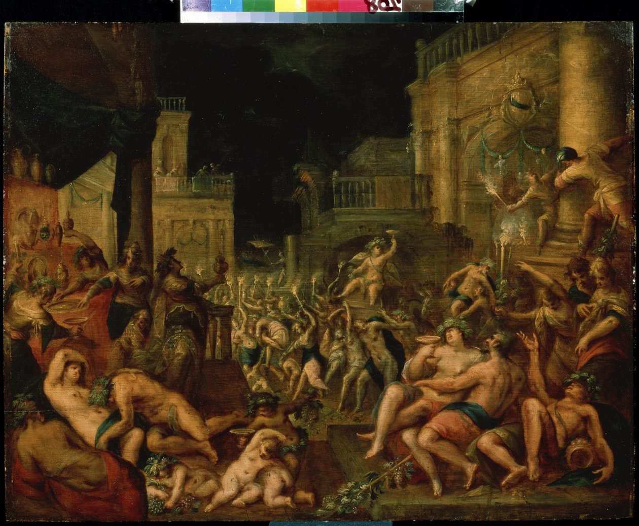バッカスとシレノスを称えるミダスの饗宴。 Gillis van Valckenborch (1570-1622) による絵画。 木材に油彩、薄さ: 61.6 x 78.7cm. フランドルのバロック様式のアート。 プーシキン美術館、モスクワ。 作： ギリス・ヴァン・ヴァルケンボルチ