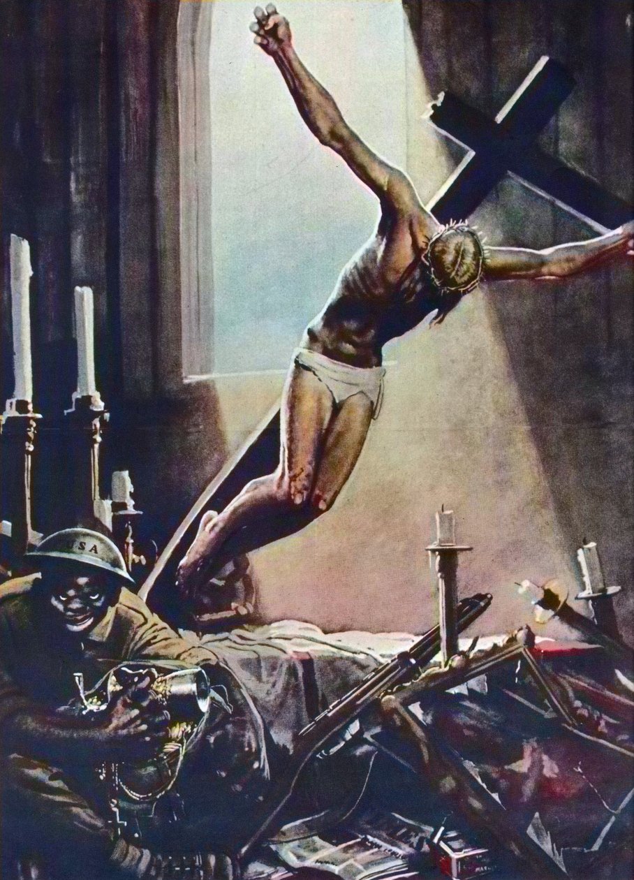 Anti American WWII ポスター - Black American Pillaging Church - Gino Boccasile (1901-1952) によるポスター - イタリアのプロパガンダ Anti USA 1943 - Gino Boccasile (1901-1952) によるポスター 作： ジノ・ボカシル