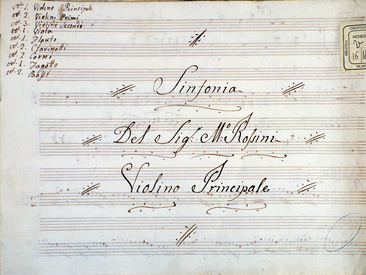 Gioacchino Rossiniの交響曲のバイオリン譜の1ページ目の詳細。 作： ジョアキーノ・ロッシーニ