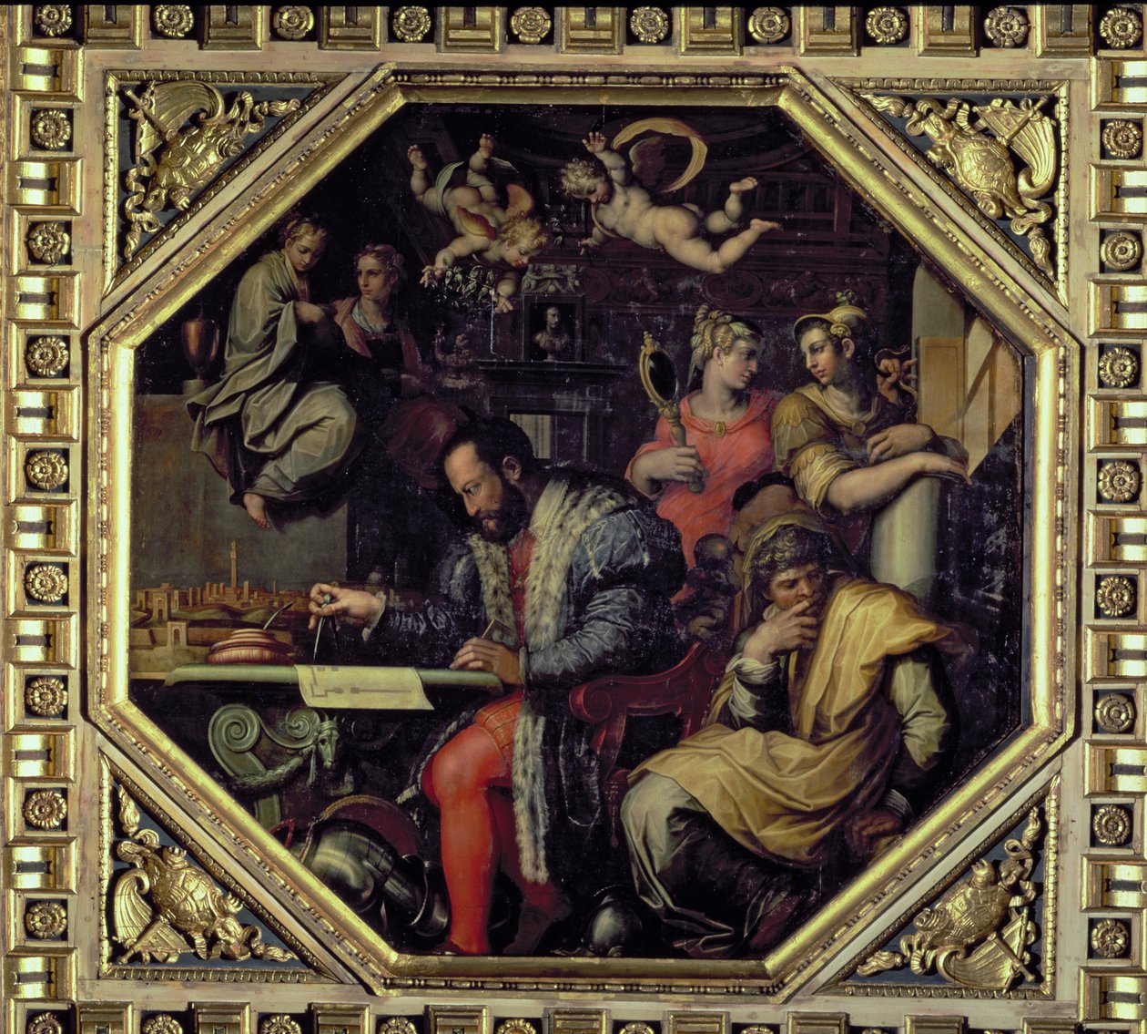 Cosimo I de &39;Medici（1519-74）、1555年にシエナの征服を計画、サローネデイチンクエチェントの天井から、1565（パネル） 作： ジョルジオヴァザーリ
