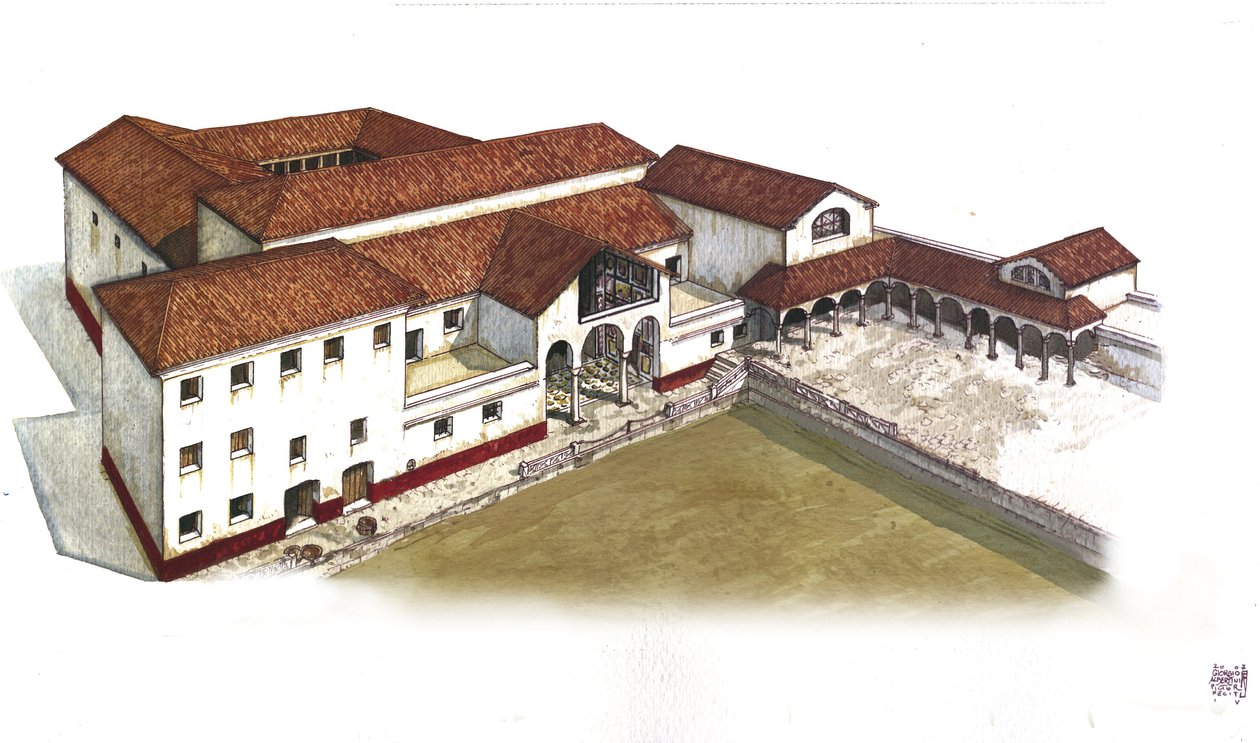古代ローマ：紀元前3世紀、オスティア・アンティカ（オスティア）のライオン荘（Casa ou domus dei Leoni）の再建。イタリア Giorgio Albertiniによるイラスト。(この著者の著作物の使用は、第三者からの許可申請の対象とならない 作： ジョルジオ アルベルティーニ
