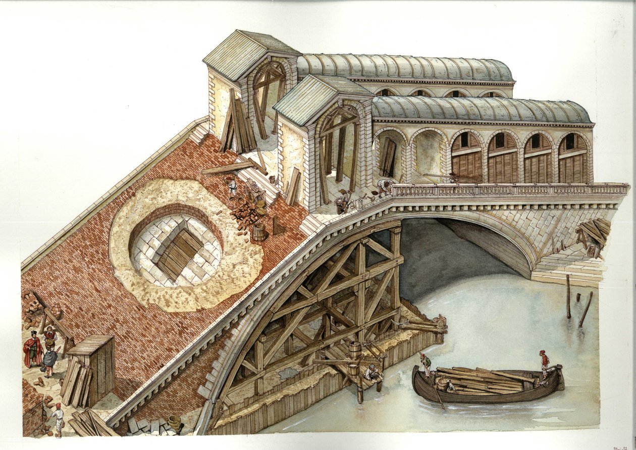 建築：1588-1591年、イタリア、ヴェネツィアのリアルト橋建設現場。イラスト：ジョルジョ・アルベルティーニ（この著作者の著作物の使用は、第三者による許可や追加使用料の支払いを条件とするものではありません。 作： ジョルジオ アルベルティーニ