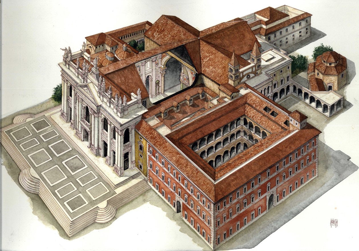 バロック建築：聖ヨハネ・ラテラノ大聖堂の再建（17～18世紀） ローマ イラスト：ジョルジョ・アルベルティーニ(この作者の作品の使用は許可申請の対象ではありません。 作： ジョルジオ アルベルティーニ