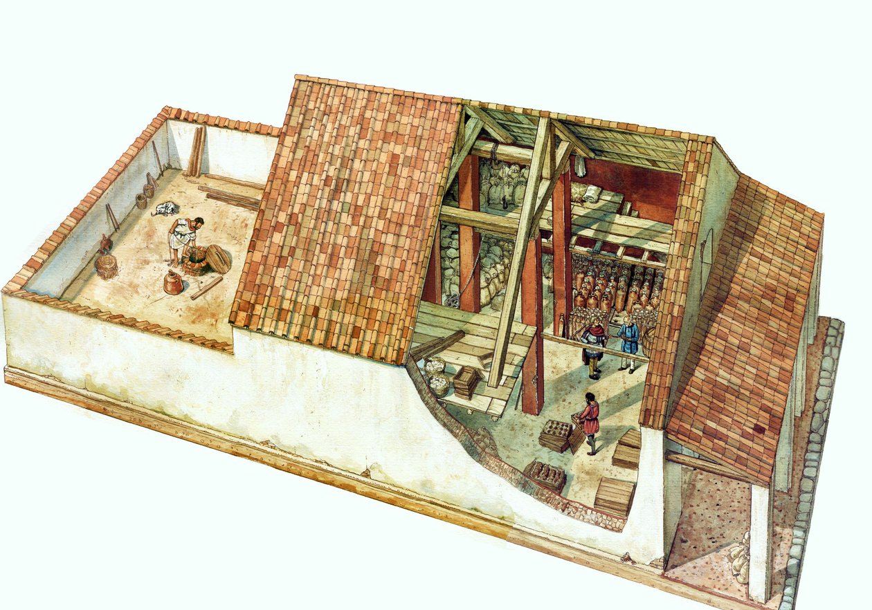 ビザンチン建築：ユスティニアヌス帝時代のラヴェンナ（Ravenna）市の港、クラッセ・ドック地区の倉庫、クラス・ストアの復元。イタリア7世紀。建物の断面からは、保管されていた商品を見ることができる。 作： ジョルジオ アルベルティーニ