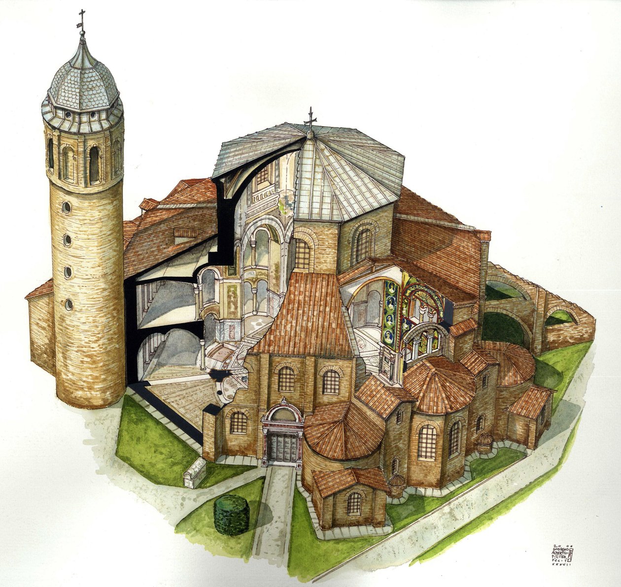 Byzantinische Kunst: Darstellung der Basilika von St. Vital in Ravenna, 5. Jahrhundert. Luftansicht mit Schnitten, um das Innere zu sehen. Illustration von Giorgio Albertini. von Giorgio Albertini