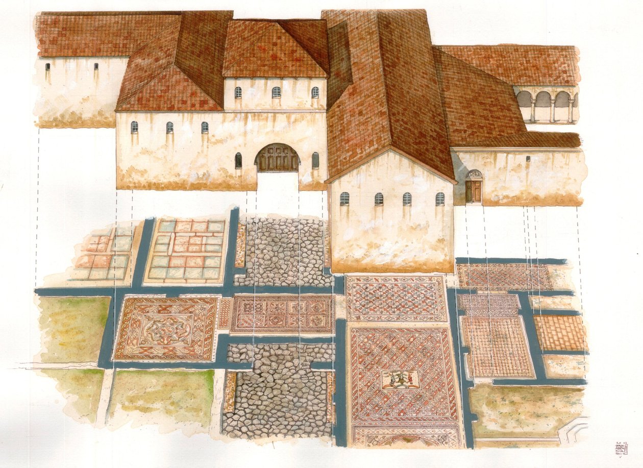 ビザンチン美術：ビザンチン宮殿のモザイクで構成された6世紀のラヴェンナ（Ravenna）の石絨毯のドムス遺跡（dei tappeti di pietra）の眺め。 作： ジョルジオ アルベルティーニ