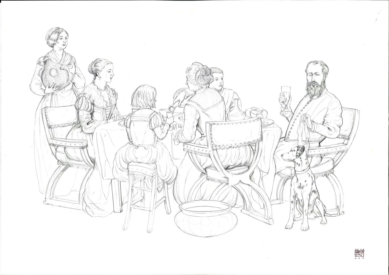 日常生活 ルネッサンス：ブルジョワ家族の食事風景 作： ジョルジオ アルベルティーニ