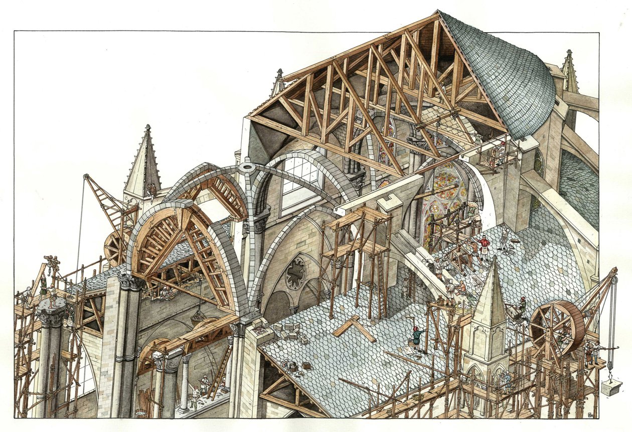 ゴシック美術：ゴシック聖堂の建設現場の再現。足場に登った作業員が滑車を使っている。13世紀 ジョルジョ・アルベルティーニによるイラスト。(この著作者の著作物の使用は許可申請の対象ではありません。 作： ジョルジオ アルベルティーニ