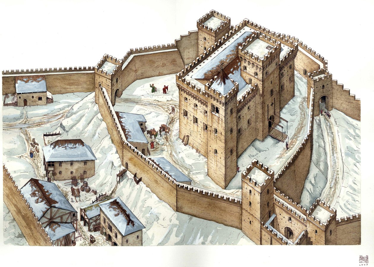中世建築：14世紀のウディネ市の城の復元。イタリア イラスト：ジョルジョ・アルベルティーニ(この著作者の著作物の使用は、第三者からの許諾申請や、著作権料の支払いを条件とするものではありません。 作： ジョルジオ アルベルティーニ
