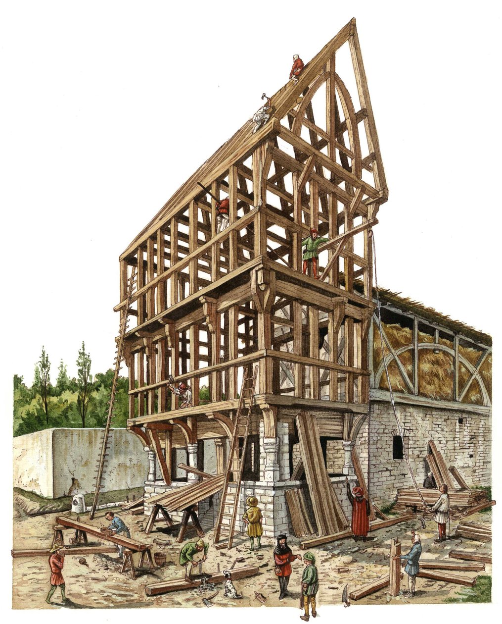 中世：14世紀、フランス北部のある地方の建設現場。大工と大工が納屋の木組みを作業している。イラスト：ジョルジョ・アルベルティーニ。(この著者の著作物の使用は許可申請の対象外です 作： ジョルジオ アルベルティーニ