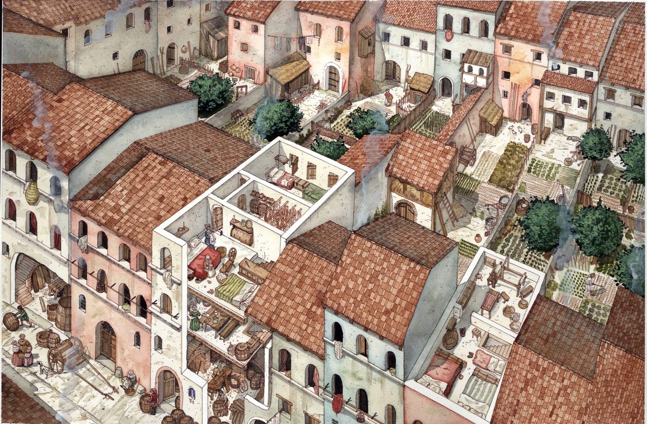 中世：住居の航空写真、13世紀のイタリア、フィレンツェの住居内部の断面図。 作： ジョルジオ アルベルティーニ