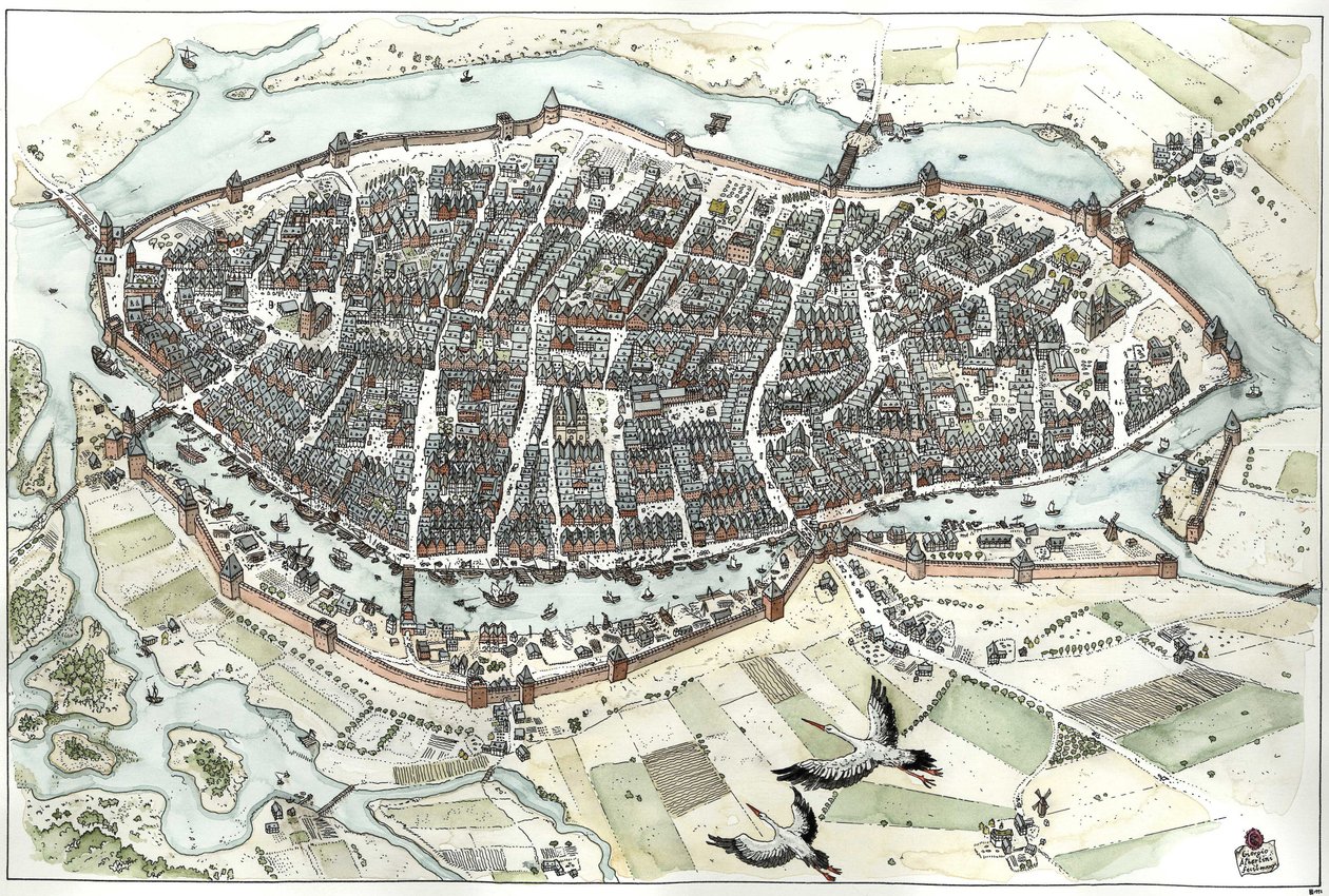 中世：ドイツのリューベック市の航空図と街路地図。ワーケニッツ川と