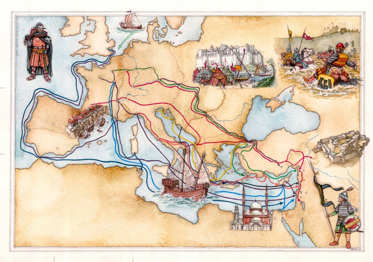 中世：ヨーロッパと中東の地図で、さまざまな十字軍の時代に十字軍が使用した陸路と海路を示す。 作： ジョルジオ アルベルティーニ