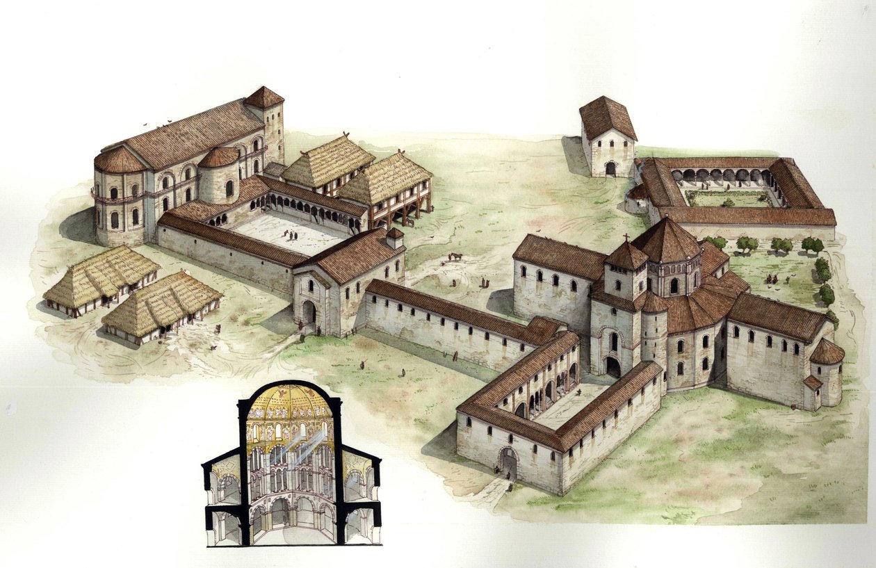 中世：概要と、794年頃にドイツのアーヘンで建築家オイデス・ド・メッツによって実現されたカール大帝の宮殿（742～814年頃）を復元した断面図。ジョルジョ・アルベルティーニによるイラスト。(この著者の作品の使用は 作： ジョルジオ アルベルティーニ
