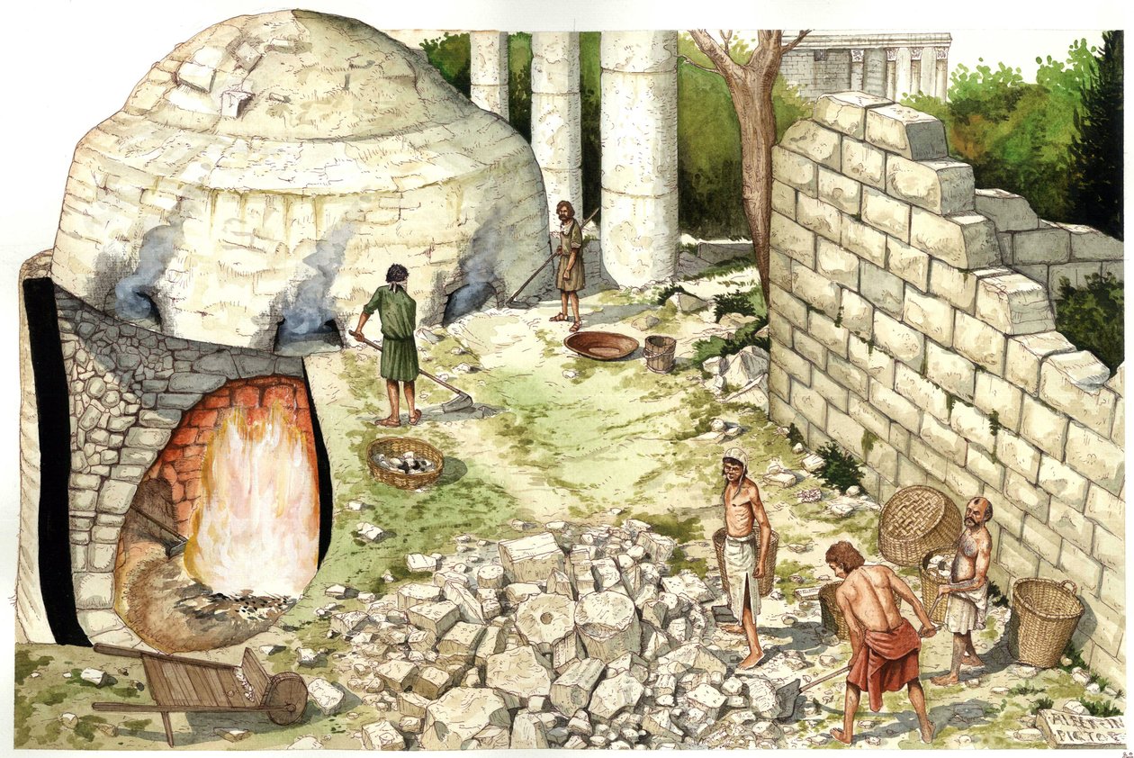 中世：石灰窯（ショフール）の復元、石灰石を扱う労働者たち。イラスト：ジョルジョ・アルベルティーニ。(この著者の著作物の使用は、第三者からの許可申請や追加料金の支払いを条件としない）。 作： ジョルジオ アルベルティーニ