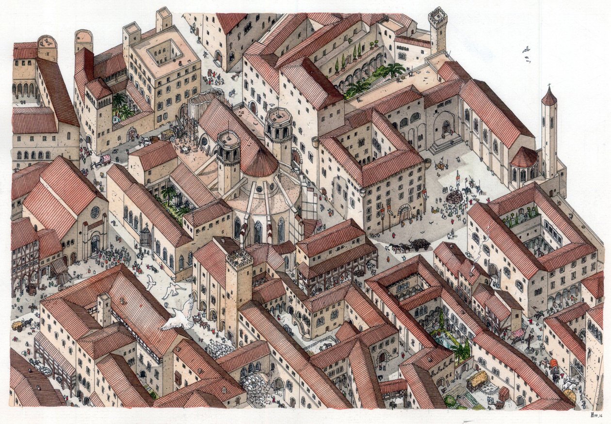 中世：14世紀にバルセロナの歴史的なBarri Gotic（barrio gotico）地区が再建された。サント・エウラリエ聖堂が見える。スペイン イラスト：ジョルジョ・アルベルティーニ。(この作者の著作物の使用は、著作権法で禁じられている。 作： ジョルジオ アルベルティーニ