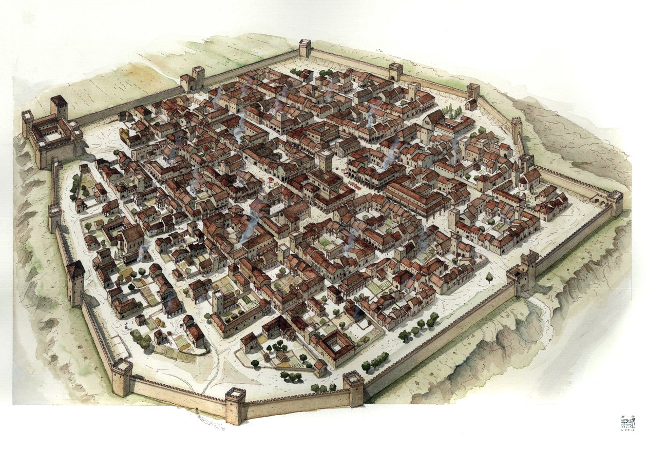 中世：13世紀に築かれたチェラスコ（ピエモン）の城塞都市の復元（イタリア 作： ジョルジオ アルベルティーニ