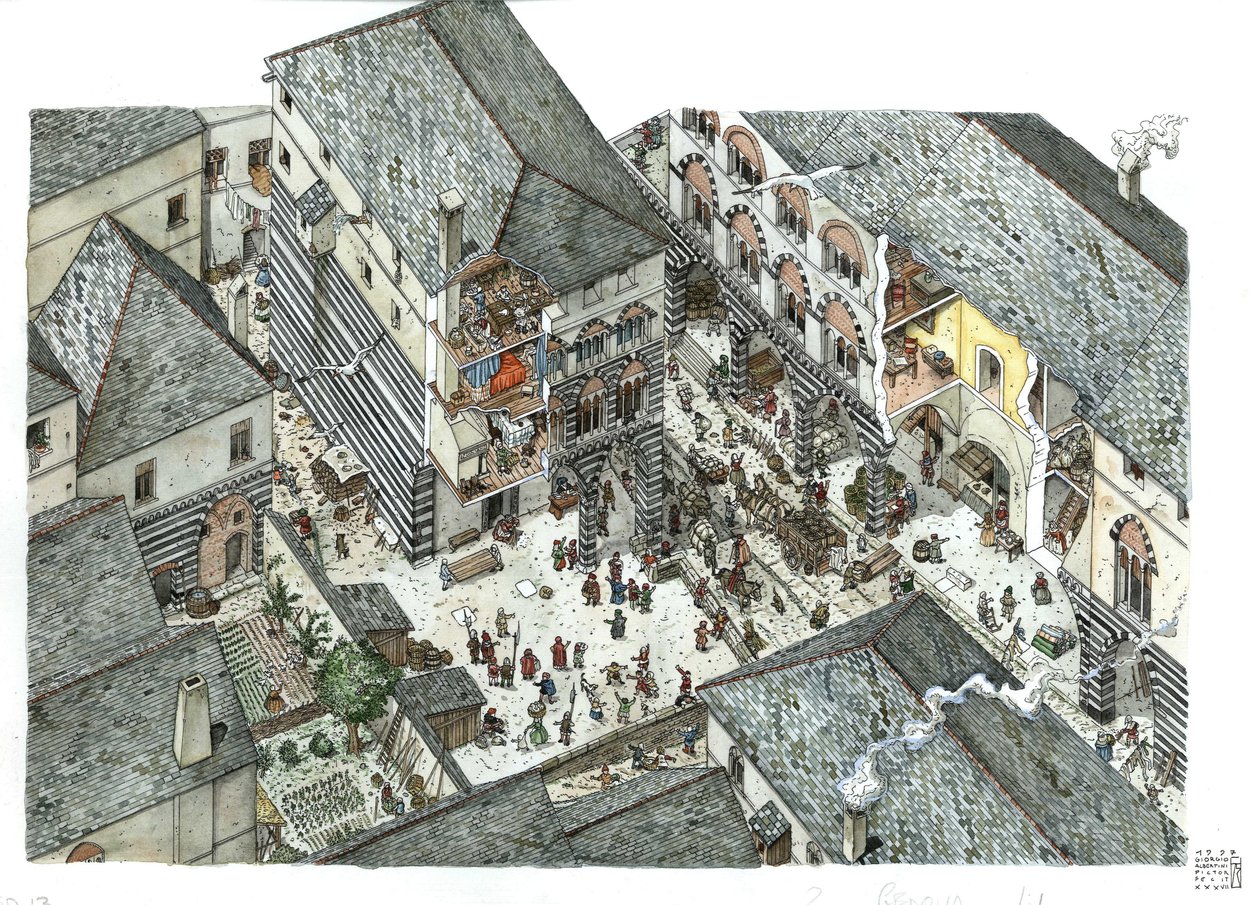中世：15世紀のジェネスの商人貴族の宮殿（クーリアまたはクーリア）の眺め、街並み、イタリア ジョルジョ・アルベルティーニのイラスト。 作： ジョルジオ アルベルティーニ
