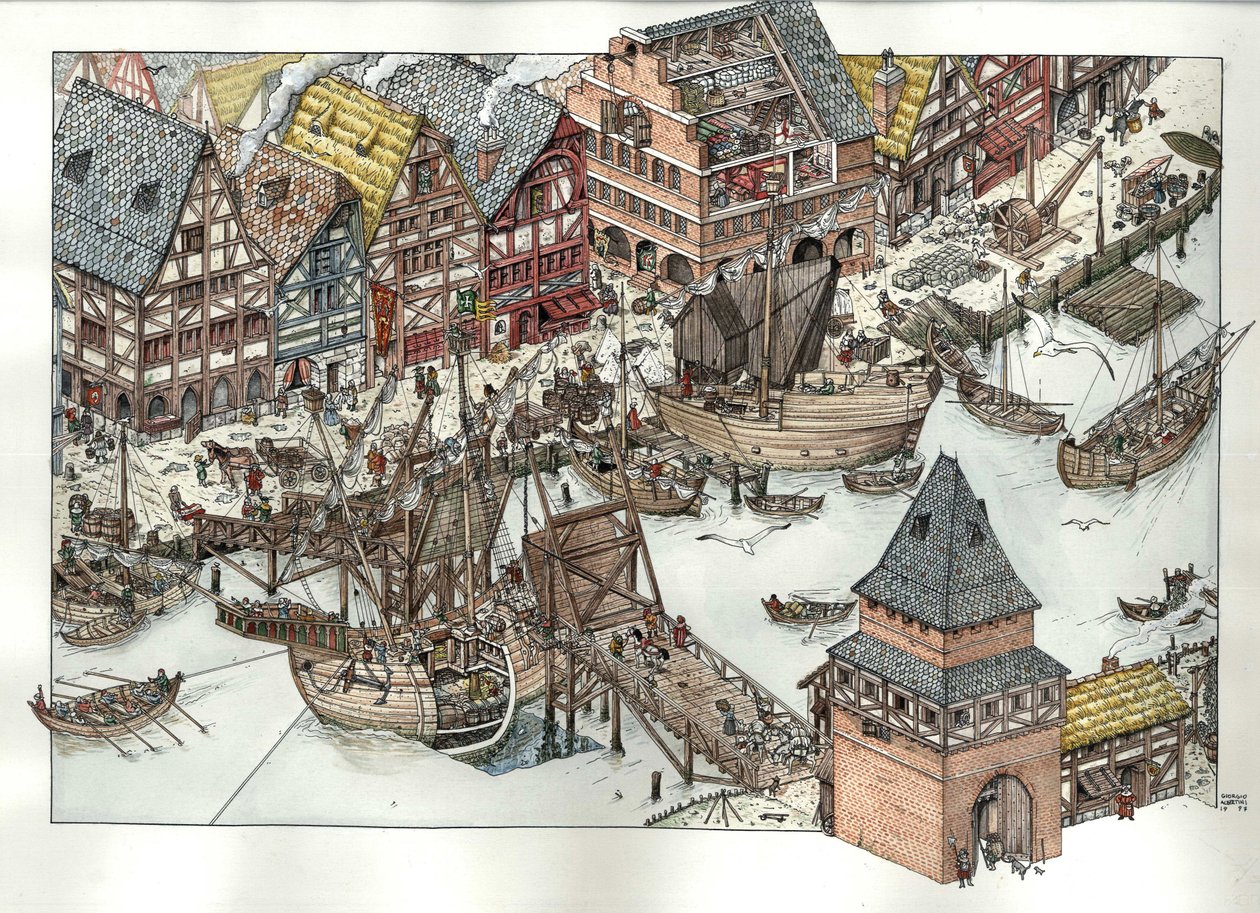 中世：バルト海に面したリューベックの港周辺の商業活動の様子。14世紀。ドイツ 作： ジョルジオ アルベルティーニ