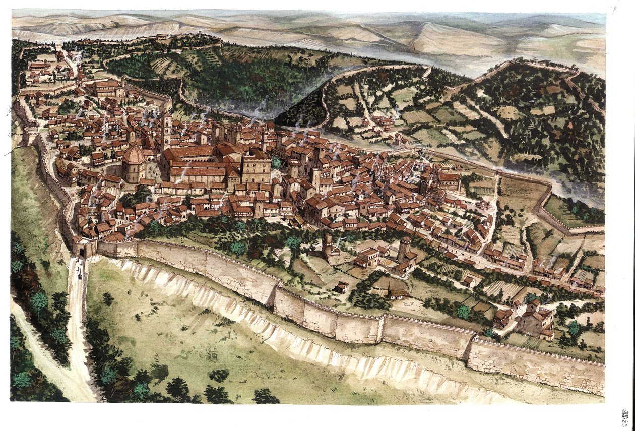 中世：城壁に囲まれた14世紀の中世都市ヴォルテッラの眺め。トスカーナ。イタリア Giorgio Albertiniによるイラスト。(この著作物の使用は、第三者からの許諾申請、または 作： ジョルジオ アルベルティーニ