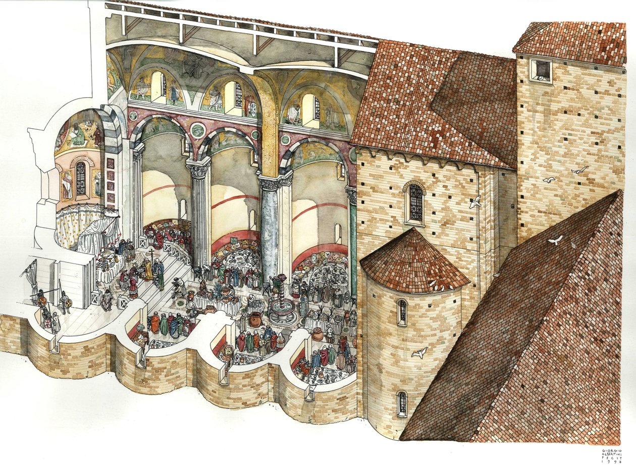 8世紀に再建された聖ヨハネ・ラテラノ大聖堂（サン・ジョヴァンニ・イン・ラテラノ）：トリクリニウムと教皇の就任式を見ることができる。ローマ 作： ジョルジオ アルベルティーニ