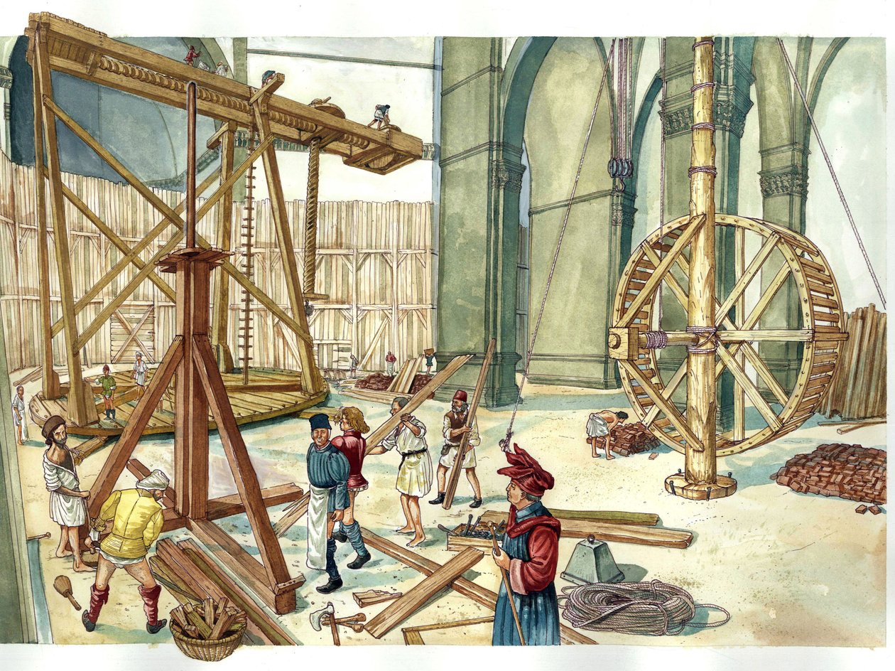 Renaissance: Rekonstruktion der Baustelle der Kuppel der Kirche Santa Maria del Fiore (Duomo) nach den Plänen des Architekten Filippo Brunelleschi. 1436. Florenz, Italien. Illustration von Giorgio Albertini. von Giorgio Albertini