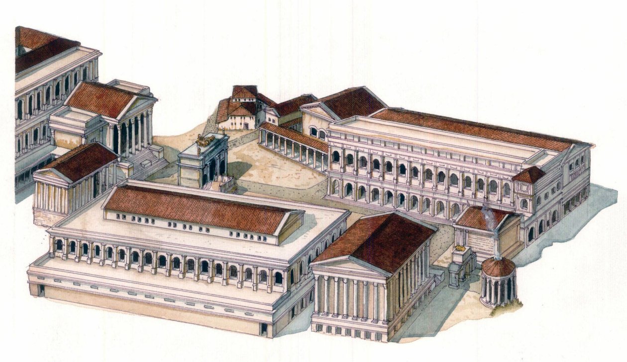 古代ローマ：アウグストゥス帝（カイウス・ユリウス・カエサル・オクタヴィアヌス・アウグストゥス）の時代（紀元前63年～紀元後14年）のローマ広場（フォロ・ロマーノ）の再建。 作： ジョルジオ アルベルティーニ