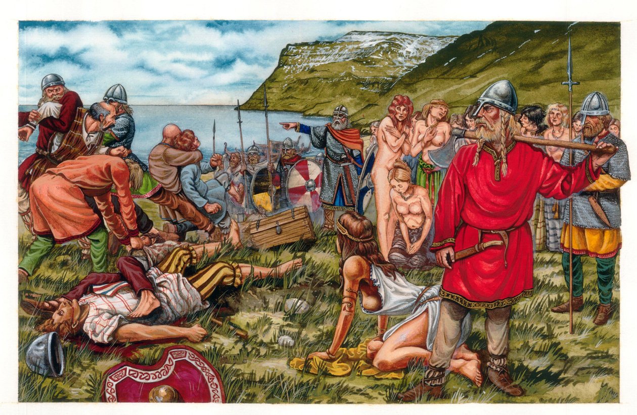 ヴァイキングがアイスランドを征服した：970年頃、ノルウェー人のエリック・ル・ルージュがアイスランドに定住。 作： ジョルジオ アルベルティーニ