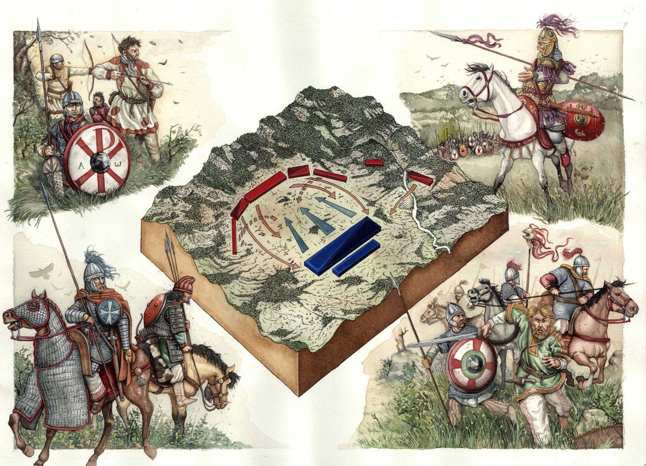 ビザンツとオストロゴスのゴート戦争（535年～553年）：552年7月のタギネーの戦いで、ユスティニアヌスのビザンツ軍がラヴェンナからローマに進軍。 作： ジョルジオ アルベルティーニ