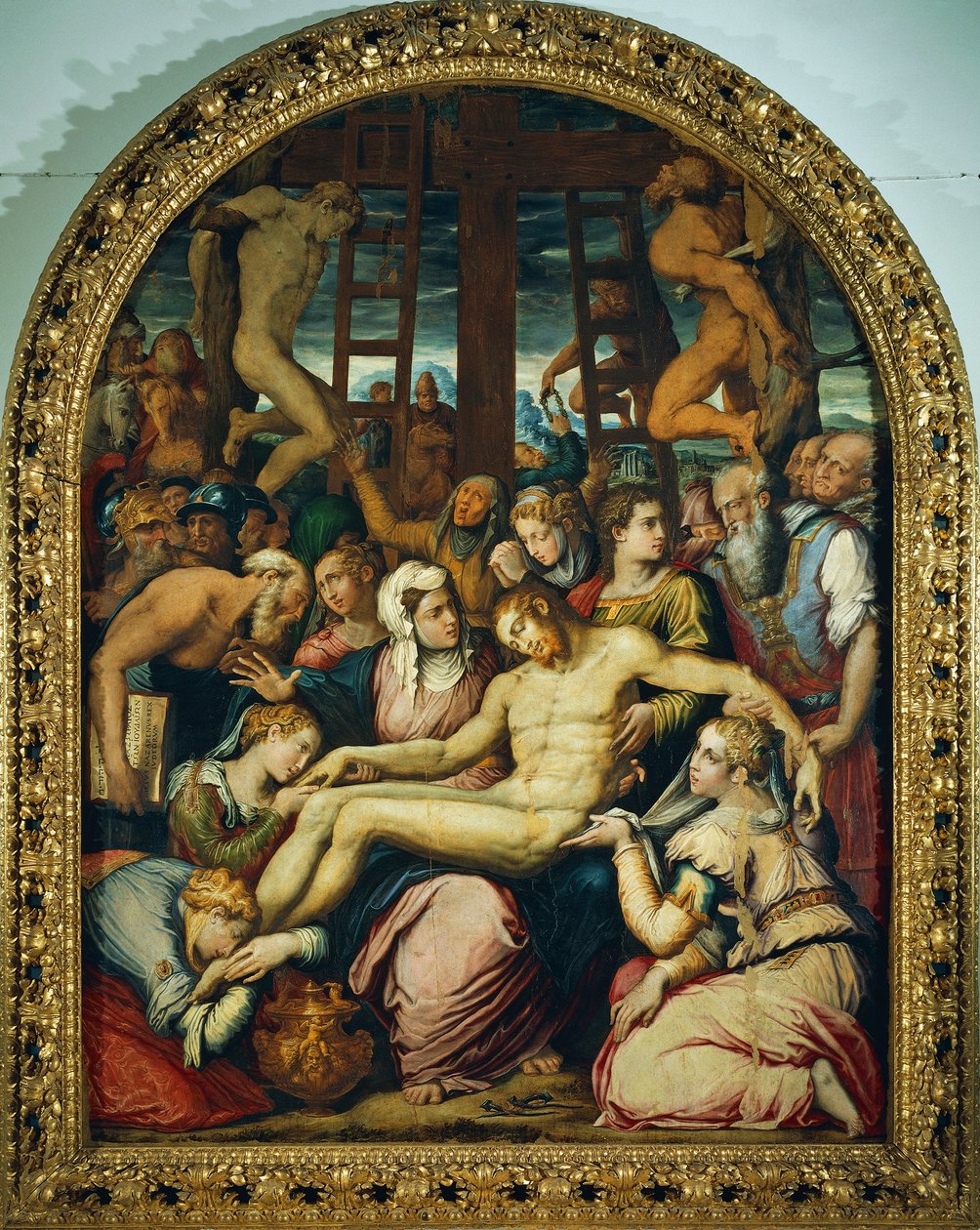 ジョルジョ・ヴァザーリ（1511-1574）作「十字架から降ろされたキリストの死を悼む嘆き」、パネルに油彩、295x222cm。 作： ジョルジオヴァザーリ