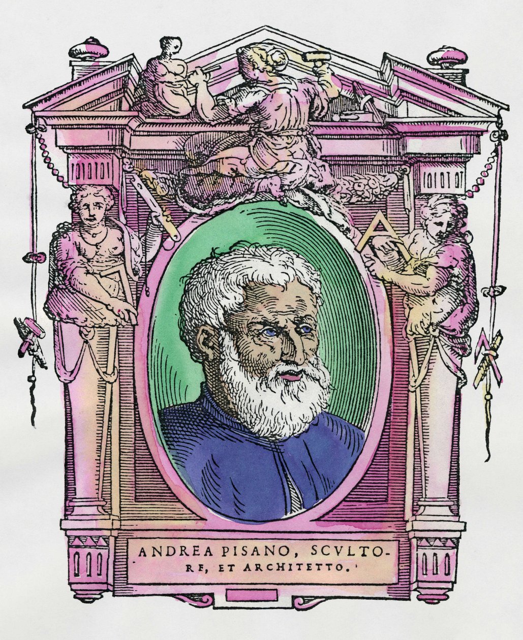 イタリアの彫刻家・建築家、アンドレア・ピサーノ（1290-1349）の肖像。ジョルジョ・ヴァザーリの『最も優れた画家、彫刻家、建築家の生活』（Le Vite de