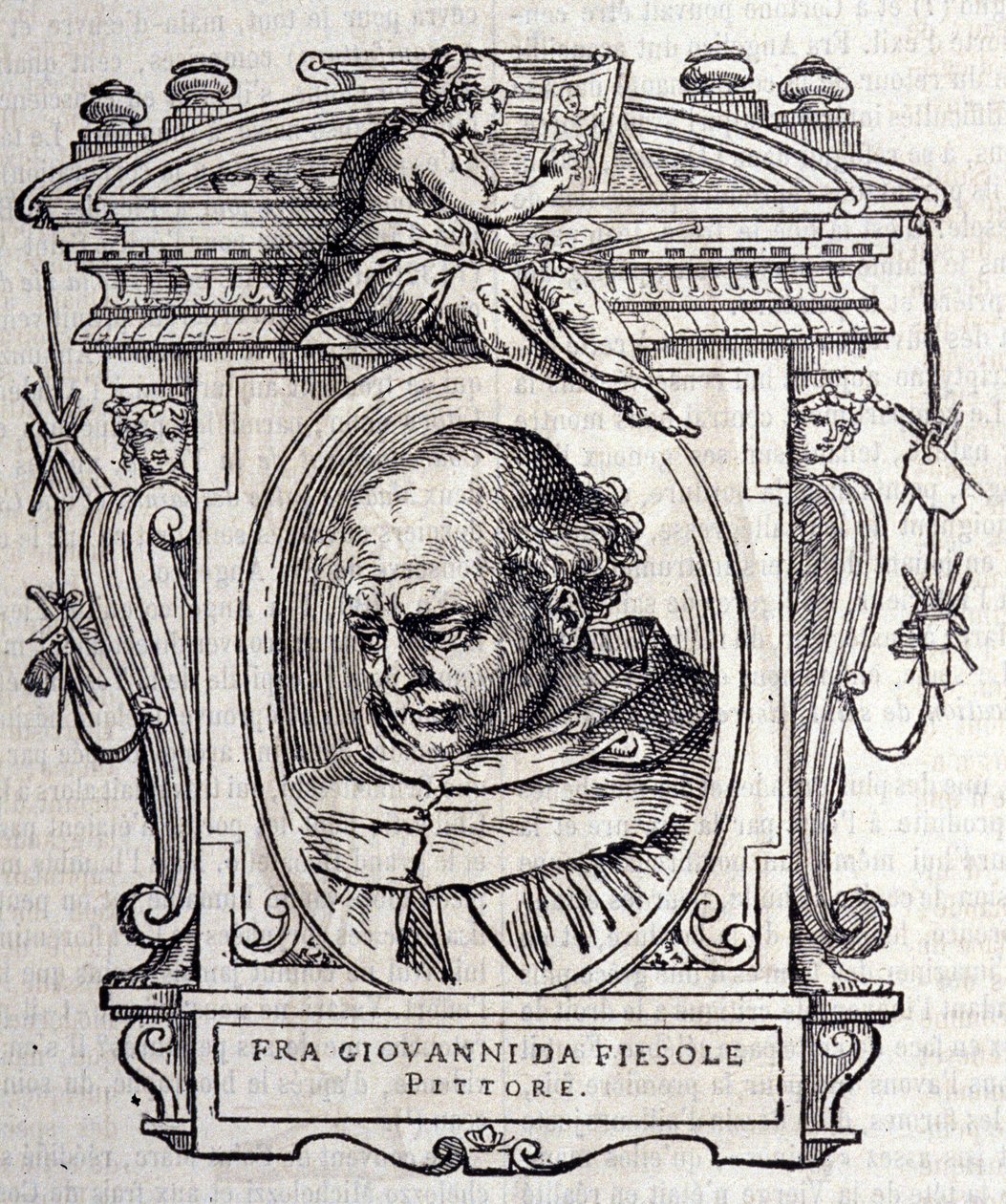 ベアト・アンジェリコ・ディット・フラ・アンジェリコ（Guido Di Pietro Da Mugello）1390-1455年、イタリアの画家の肖像。ジョルジョ・ヴァザーリの『イタリア最高の彫刻家と建築家の生涯』（1568年）に掲載。 作： ジョルジオヴァザーリ