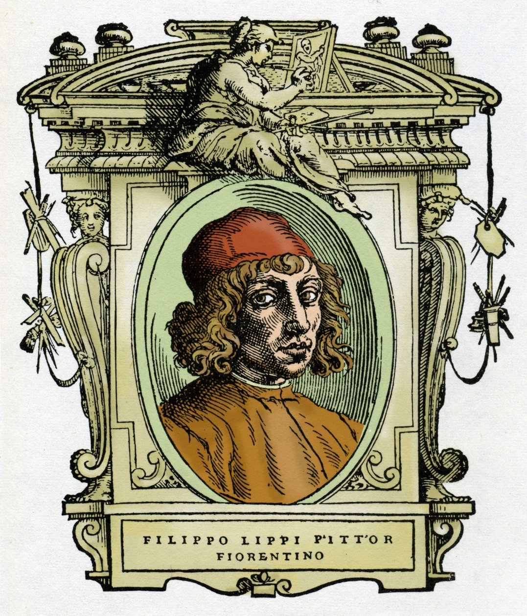 フィリッポ・リッピ（1406-1469）の肖像 フィレンツェ出身の画家。ジョルジョ・ヴァザーリの「画家の生涯」からのキシログラフィー。 作： ジョルジオヴァザーリ