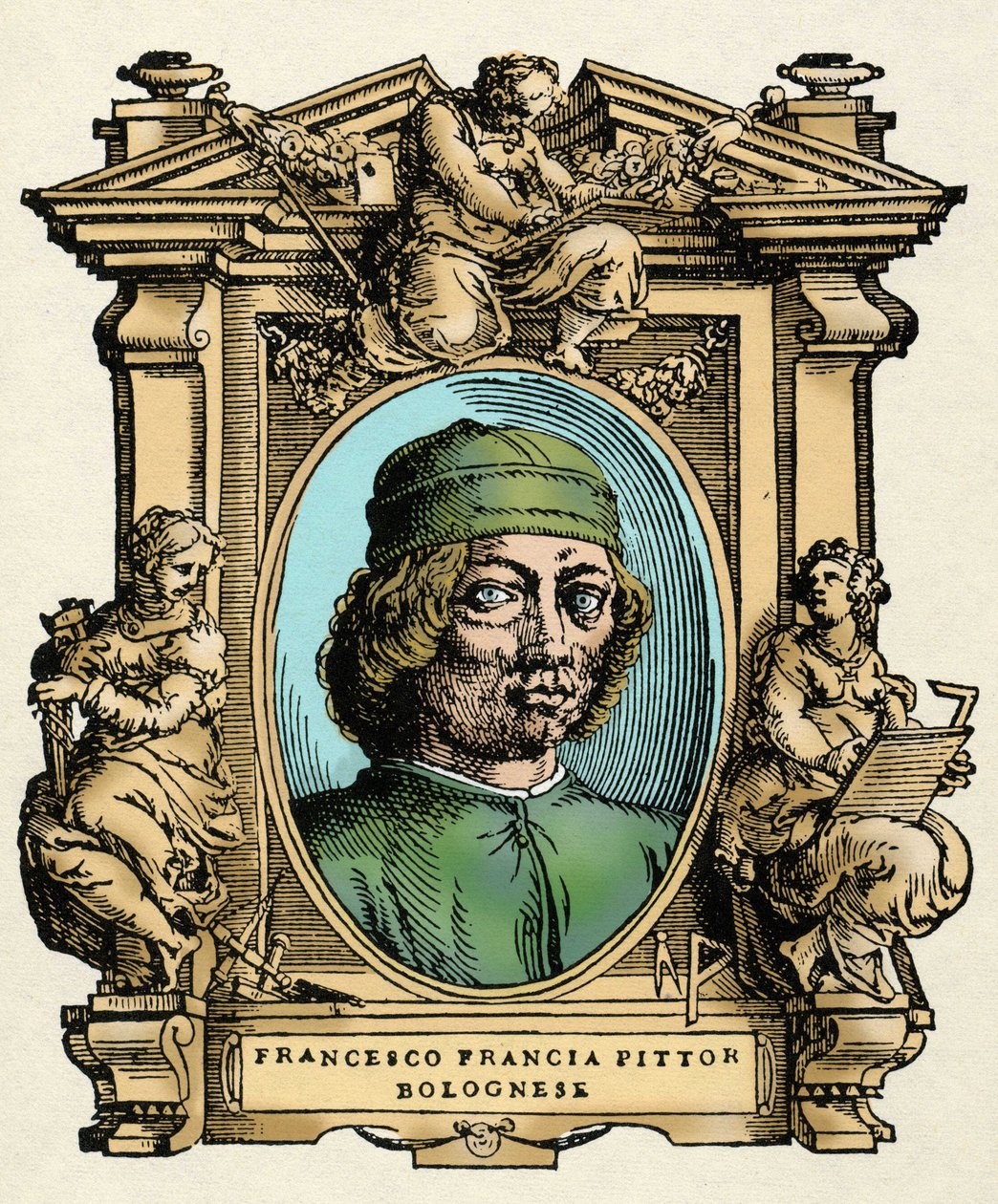フランチェスコ・フランシア（1450-1517）の肖像。ジョルジョ・ヴァザーリの『最も優れた画家、彫刻家、建築家の生活』のエングレーヴィング（Le Vite de