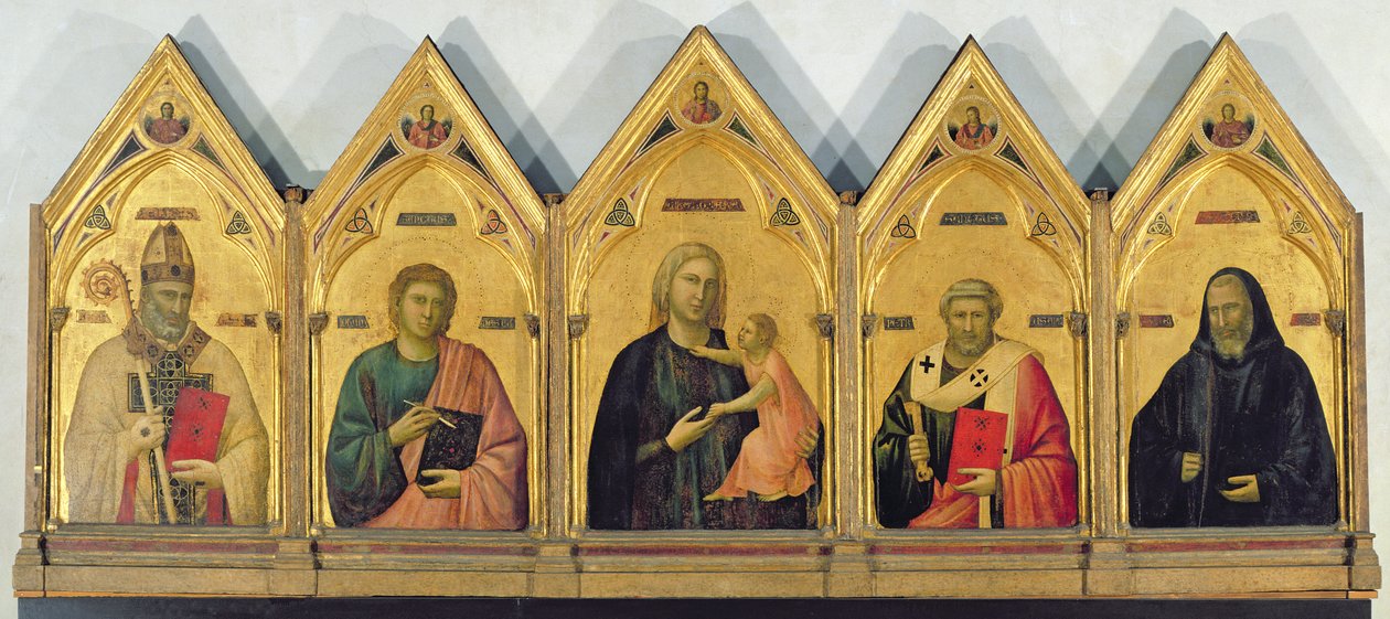 マドンナと聖人とのバディア祭壇画、c.1301（パネル上のテンペラ） 作： ジョット・ディ・ボンドーネ
