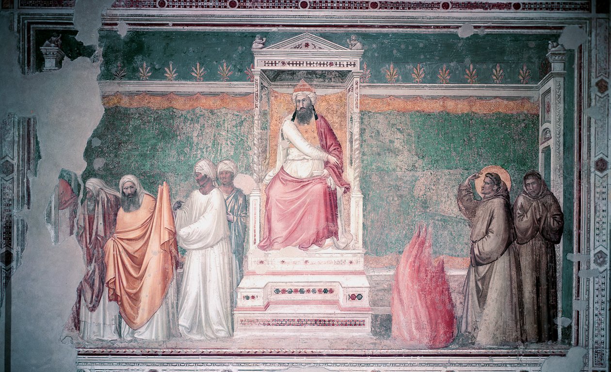 1320年頃、バルディ礼拝堂からのエジプトスルタンの前のアッシジの聖フランシスの火による裁判 作： ジョット・ディ・ボンドーネ