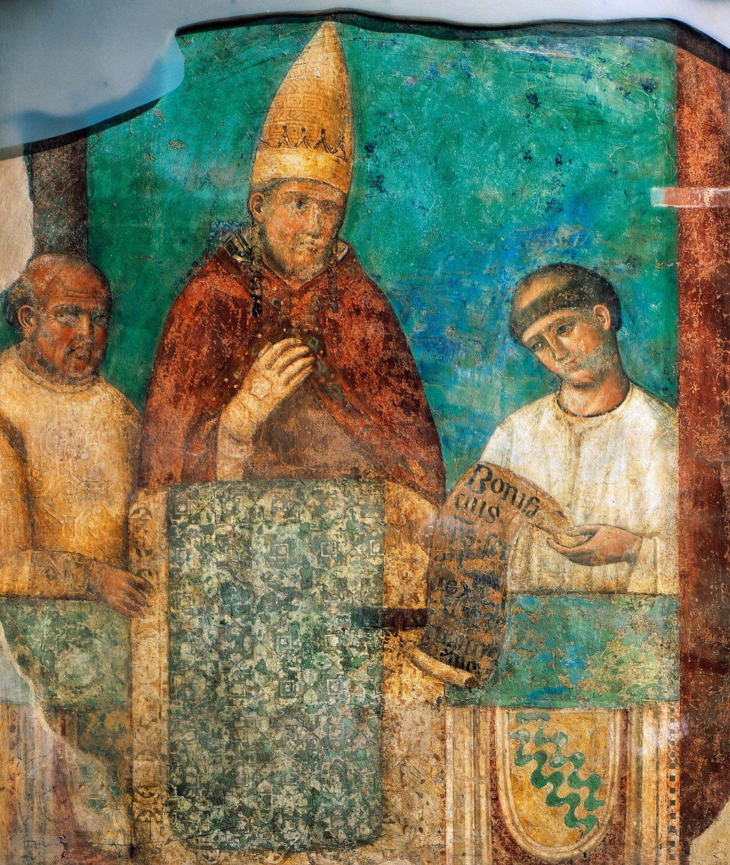 聖年を告げるボニファティウス8世」ジョット（1267-1337年頃）のフレスコ画、イタリア・ローマの聖ヨハネ・ラテラン大聖堂 作： ジョット（c.1266 1337）