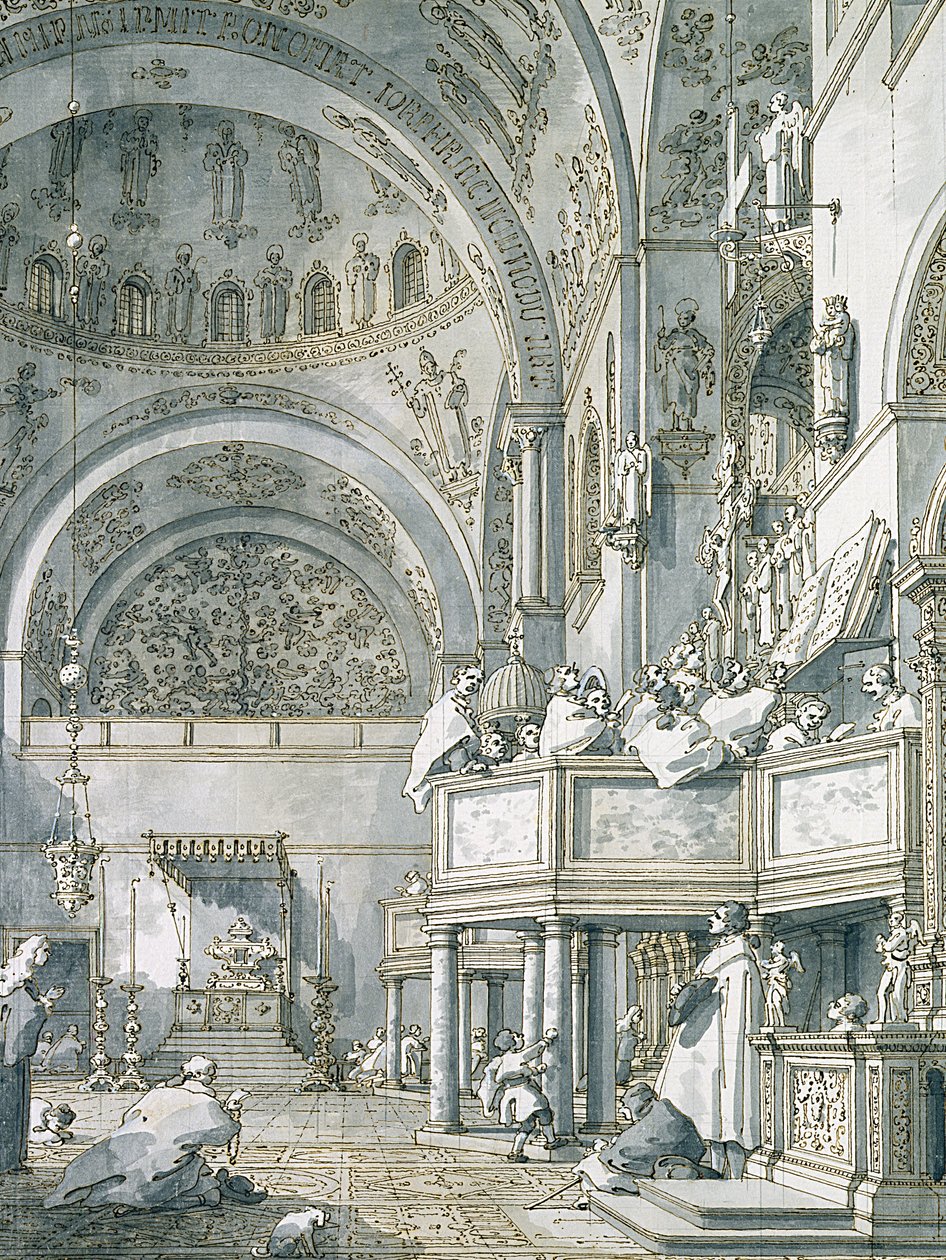 1766年、ヴェネツィアのサンマルコ寺院での合唱団の合唱（紙にペン、インク、ウォッシュ） 作： ジョバンニアントニオ運河（カナレット）