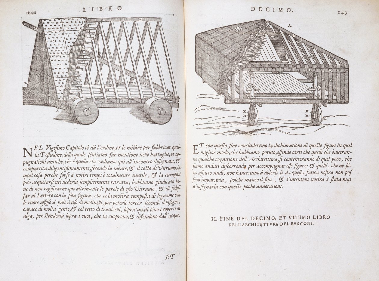 1590年に出版された「Della Architettura」から現場にプレハブ屋根を輸送する方法 作： ジョヴァンニ・アントニオ・ルスコーニ