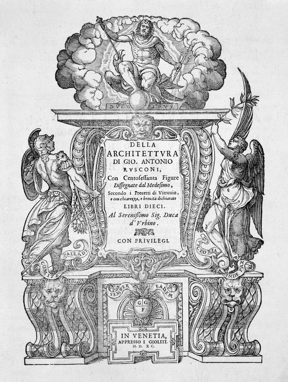 「Della Architettura」のタイトルページ、1590年発行 作： ジョヴァンニ・アントニオ・ルスコーニ