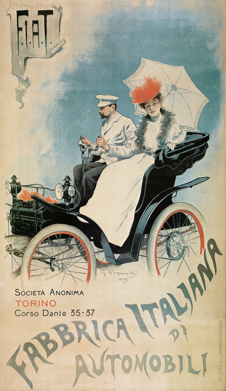 1899年の初期のFIAT車の広告ポスター 作： ジョヴァンニ・バッティスタ・カルパネット