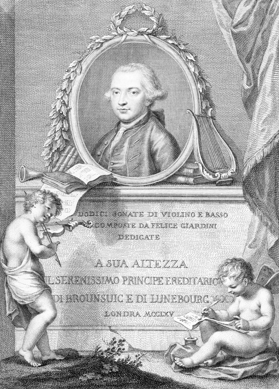 Francesco Bartolozziによって彫刻された、フェリーチェジャルディーニの肖像を含む楽譜カバー 作： ジョヴァンニ・バッティスタ・チプリアーニ