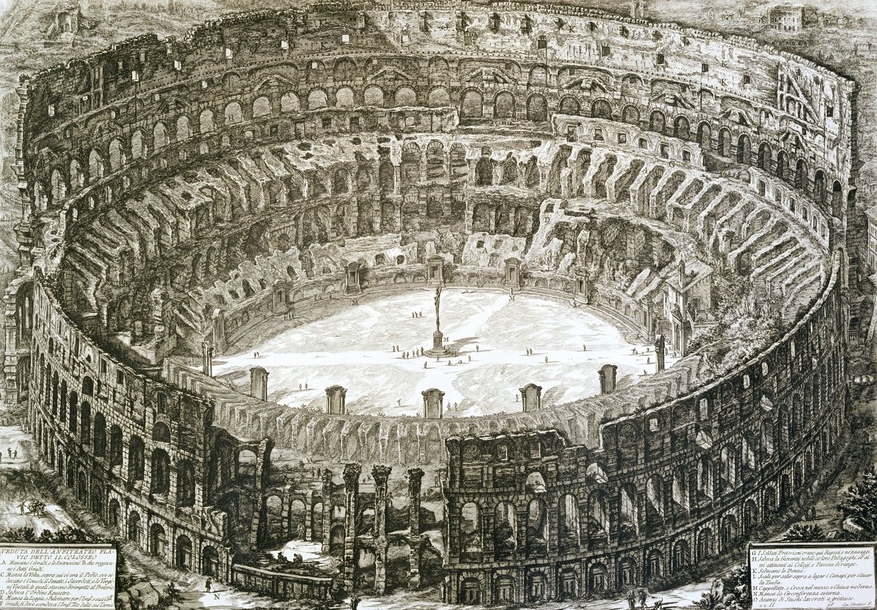 1756年に最初に公開された「ローマの景色」からのローマのコロッセオの航空写真は、パリ1800を印刷しました 作： ジョバンニ・バッティスタ・ピラネージ