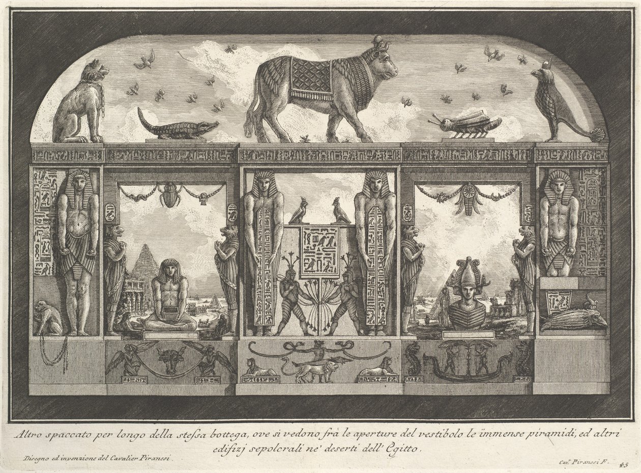 1769年にローマのスパーニャ広場にあるカフェデッリイングレシのエジプトの壁画装飾。さまざまな道の装飾から 作： ジョバンニ・バッティスタ・ピラネージ
