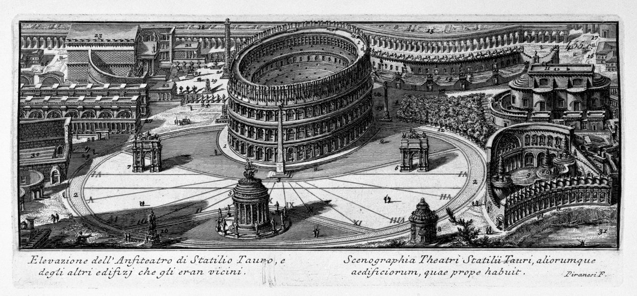 スタティリオタウロの円形闘技場とそれに近い他の建物の標高。ラテン語 作： ジョバンニ・バッティスタ・ピラネージ
