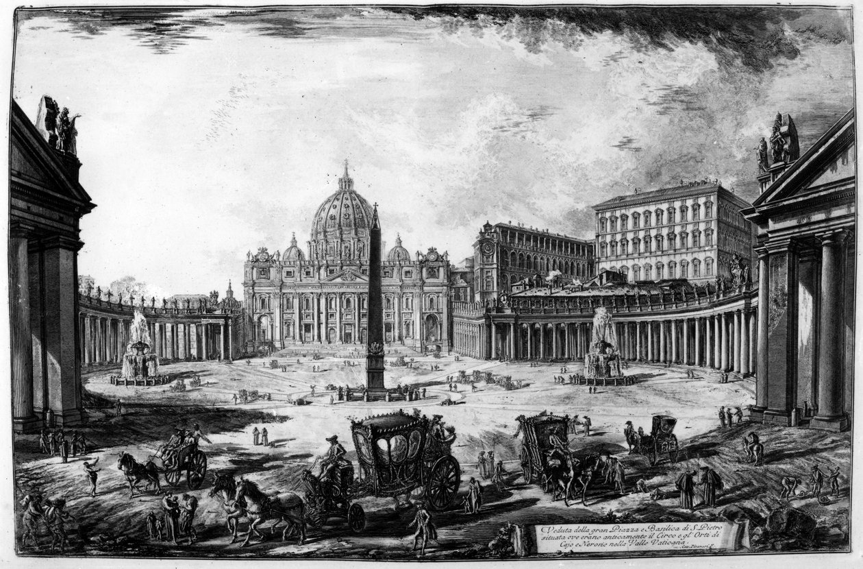 「ローマの景色」シリーズ、1760年頃のサンピエトロ大聖堂と広場の眺め 作： ジョバンニ・バッティスタ・ピラネージ
